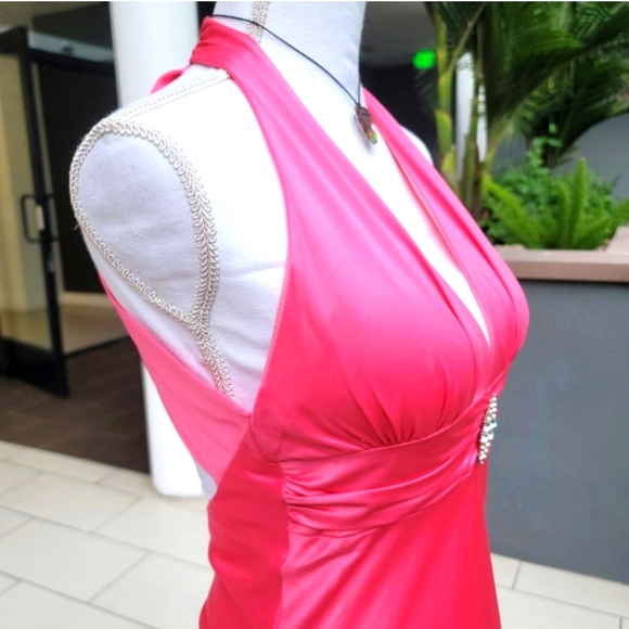 🆕️🆑️ Bright Pink Party Dress | Open Back Floor Length Deep V-neckline 5/6 - Picture 11 of 16